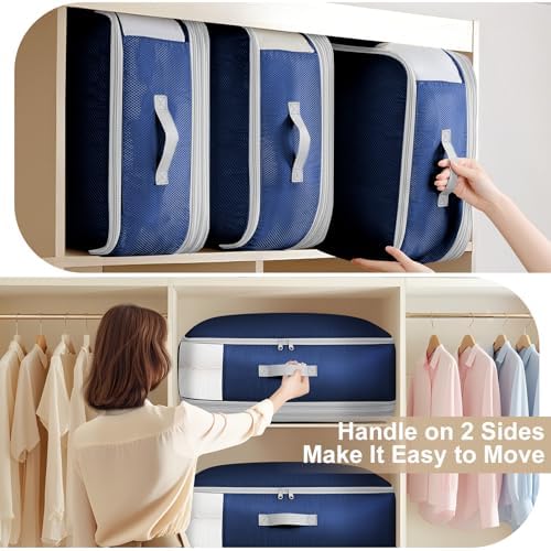 Comforter Storage Bag - Large Capacity Blanket Storage Bags 4-Layer Ultra Space Saving Self Compression Organizer, Washable Compression Bags for Storage Comforter Blanket, 4-Pack, Navy Blue - Image 4