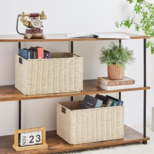 Vagusicc Wicker Storage Basket, Set of 2 Hand-Woven Paper Rope Wicker Basket, Small Storage Baskets for Organizing Toilet Paper Basket, Foldable Large Cube Storage Organizer Bins for Shelves (Beige) - Image 3