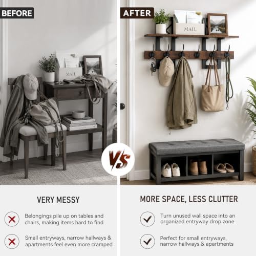 33.86" Wall Mounted Coat Rack with Shelf, Heavy Duty Entryway Wall Organizer with 6 Dual Hooks and Key Holder, Rustic Wood Coat Hanger for Coats, Bags, Hats, Hallway, Mudroom, Bathroom (Brown) - Image 6
