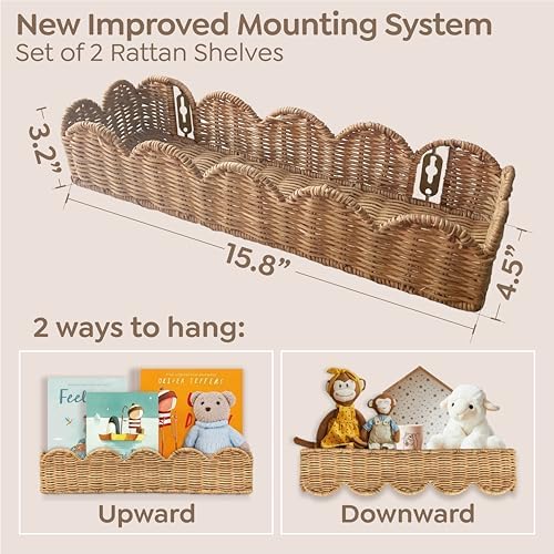 VIVIKA Nursery Book Shelves, Natural Rattan Scalloped, 15.8" W, Set of 2 - Image 3
