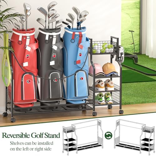 DAOUTIME Golf Bag Storage Rack for Garage with Wheels, Organizer for Golf Bag and Equipment Accessories, Golf Organizer Stand Ideal for Home, Garage, Club, Shed, Basement - Sturdy and Durable (Black) - Image 3