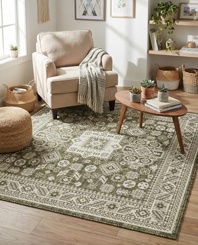 Rugs.com - Outdoor Aztec Rug – 5 Ft Square Green Indoor/Outdoor Rug – Durable for Patios, Decks, and Porches - Image 4