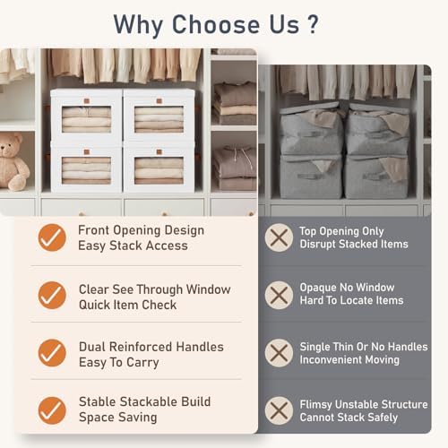 DIMJ Storage Bins with Lids - 4 Pack Front Opening Stackable Fabric Storage Boxes with Clear Window & Handles, Collapsible Closet Organizers for Clothes, Sweaters, Shelf Storage, Bedroom, White - Image 3