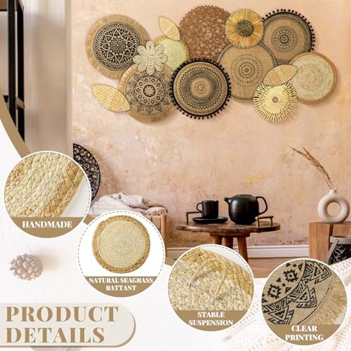 Xuhal 15 Pcs Boho Wall Basket Decor Handcrafted Seagrass Woven Wall Basket Rustic Round Woven Hanging Art for Home Farmhouse Kitchen Table Living Room(Mixed Colors Style) - Image 6