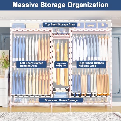 Ulif E12 Pro Clothes Rack，Heavy Duty Freestanding Garment Rack with Shelves，Metal Clothing Closet Storage System for Hanging Clothes，71" W x 16" D x 76.5" H, Hold 960 lbs，Pink - Image 6
