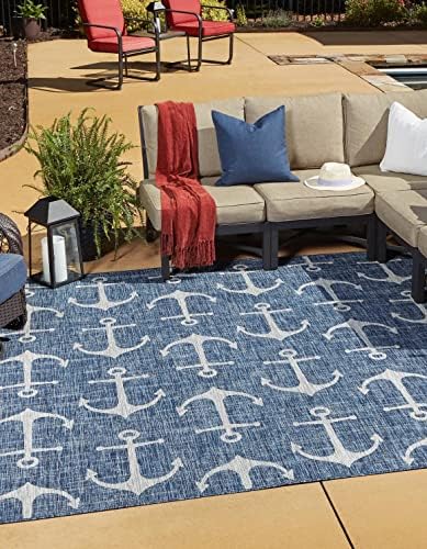 Unique Loom Outdoor Coastal Collection Area Rug - Ahoy (6' 1" Square Blue/Ivory) by UniqueLoom