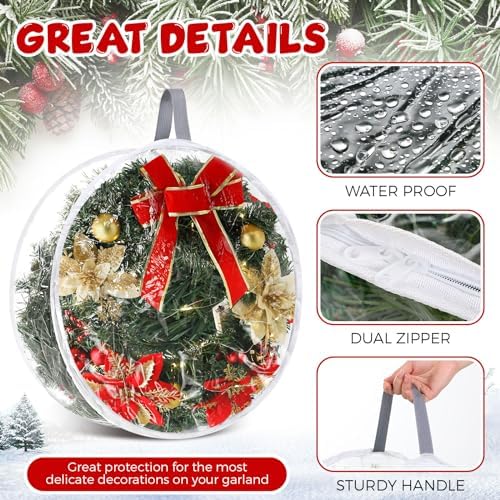 Windyun 8 Pcs 30" Christmas Wreath Storage Bag Dual Zippers Gray Handles - Image 3