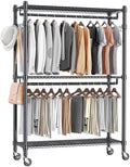 Homdox Rolling Garment Rack with Double Rod, Heavy Duty Clothing Rack with Shelves, Portable Clothes Rack, Free Standing Wardrobe Rack, with Lockable Wheels & Hanging Hooks, Max Load 450 LBS, Black by HOMDOX