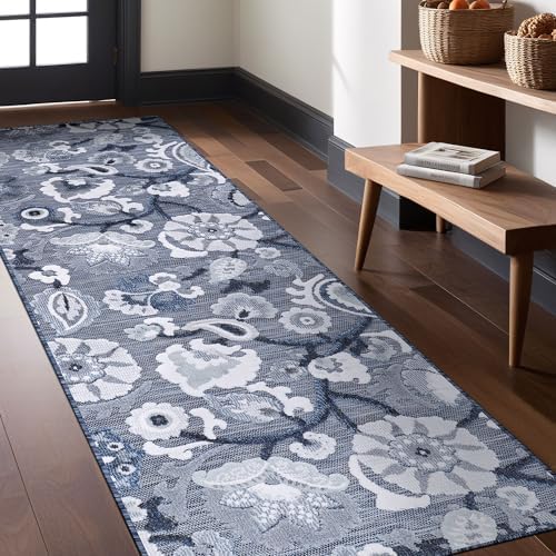 Luul Home Floral Indoor Outdoor Runner Rugs 2x7 Entryway Rug, Kitchen, Hallway Rug Washable Stain Resistant Outside Carpet Navy 2 x 7 - Image 5