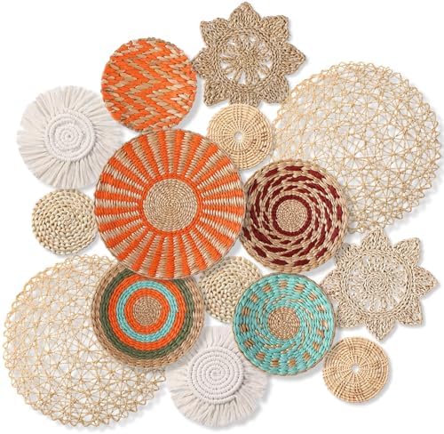 Anglechic 15 Pcs Boho Wall Basket Decor Woven Rattan Seagrass Wall Decor Hanging Rustic Farmhouse Western Art Decoration for Nursery Living Room Bedroom Home Kitchen(Orange Style) by Anglechic