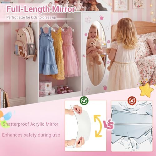 Costzon Kids Dress Up Storage with Mirror, Roofed Wardrobe Closet with Open Hanging Rack, Shelves & Hooks for Children, Kids Armoire & Costume Organizer for Bedroom (White) - Image 3