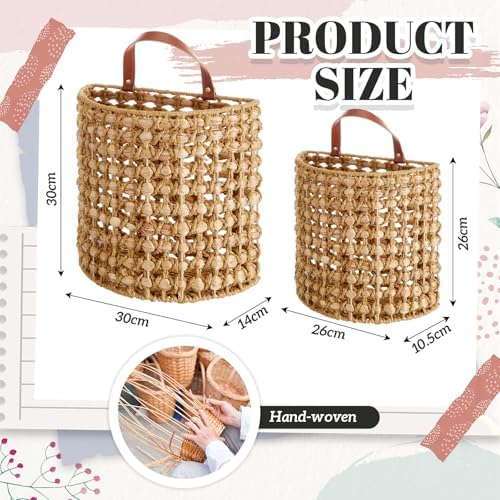 Chunful 2 Pcs Water Hyacinth Hanging Wicker Basket, Natural Wicker Decorative Baskets, Handmade Woven Storage Organizer for House Garden Wedding Wall Decorations, Large & Small Size(Classic Plaid) - Image 3