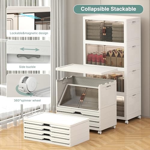 UAMFURI 448QT Lockable Storage Bins with Lids - Stackable Storage Cabinet with Doors and Wheels, Collapsible Plastic Organizer and Containers for Bedroom Dorm Office Garage, 4 Pack Cubes - Image 3