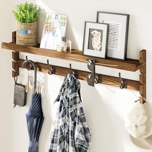 AMBIRD Wall Hooks with Shelf 28.9inch Entryway Wall Hanging Shelf, Wood Coat Hooks, Coat Rack Wall Mount Rack with 5 Dual Hooks, Glasses Organizer and Hat Organizer by AMBIRD