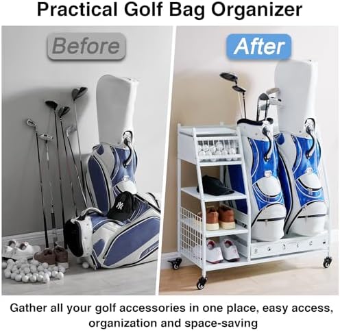 Lauren&Harold Golf Bag Organizer Garage Storage, Golf Storage Rack Stand Fits 2 Golf Bags, Golf Clubs and Other Golfing Equipment Accessories, Golf Organizer for Garage, Club, Shed, Basement - Image 6