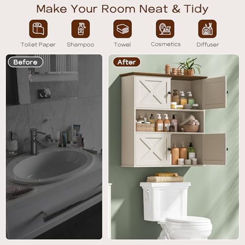 Vabches Bathroom Wall Cabinet, Farmhouse Medicine Cabinet with 4 Barn Doors, Large Wooden Vintage Storage Cabinet Wall Mounted for Bathroom, Kitchen, Rustic White - Image 5