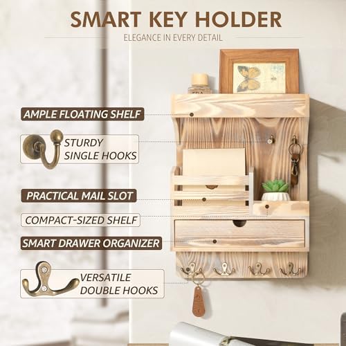 Rebee Vision Key Holder Wall Mount with Drawer for Entryway, Natural Wood - Image 5