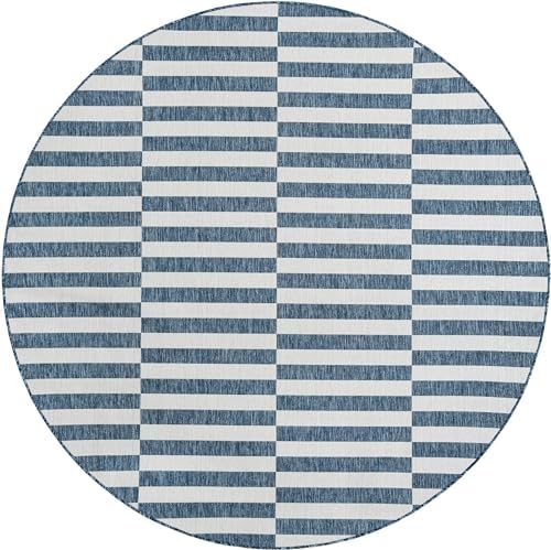 Unique Loom Outdoor Striped Collection Area Rug - Striped (7' 10" Round Blue/Ivory) - Image 3