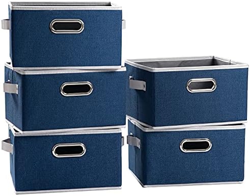 PRANDOM Large Collapsible Storage Baskets for Closet [5-pack] Decorative Fabric Storage Bins Cubes with Leather/Metal Handles for Shelves Bedroom Living Room Royal Blue (14.9x9.8x8.3 Inch) by Prandom