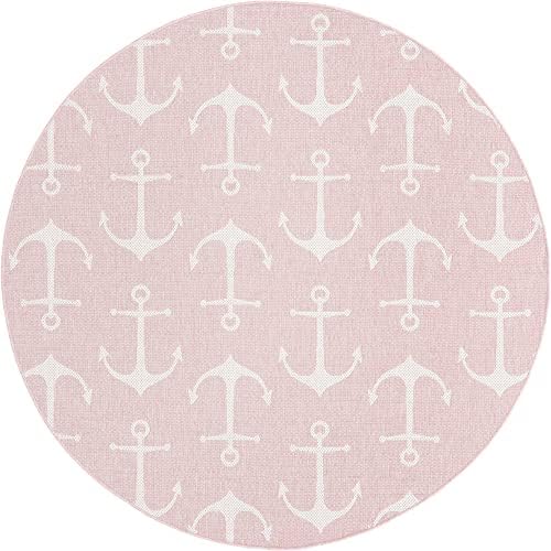 Unique Loom Outdoor Coastal Collection Area Rug - Ahoy (7' 10" Round, Pink/ Ivory) - Image 3