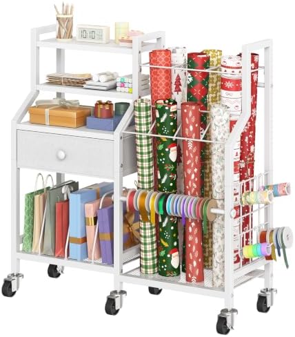 HOOBRO Wrapping Paper Storage Cart, Rolling Gift Wrap Station with Drawer by HOOBRO