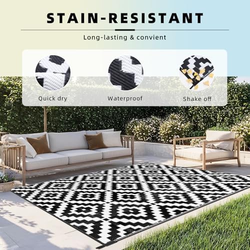 Favoyard Outdoor Rug Black & White 8x10 ft Waterproof Reversible Carpet Mat - Image 5
