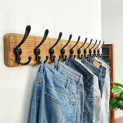 Dseap Coat Rack Wall - Heavy-Duty 38-1/4" Long, with Reinforced 10 Custom Tri-Hooks, Solid Wood Wall Hanger for Coats Hat Jackets - Rustic Farmhouse Entryway Hallway Storage, Weathered Brown & Black - Image 3