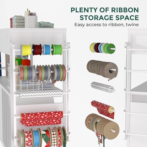 Wrapping Paper Storage & Organizer, Craft Cart with Ribbon & Gift Bag Storage, Wrapping Paper Organizer Holder(3 Wooden Drawers-White) - Image 5