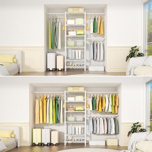 Ulif M5 Wall Mounted Clothes Garment Rack, Heavy Duty Closet Storage and Organizer with 6 Shelves and 3 Expandable Hanger Rods, Space Saver Suit (46.2-102.4)" W x 14" D x 83.1" H, White - Image 3