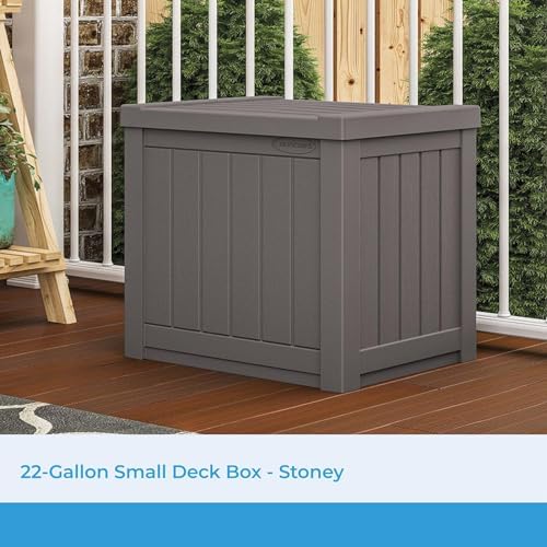 Suncast 22-Gallon Small Deck Box - Lightweight Resin Indoor/Outdoor Storage Container and Seat for Patio Cushions and Gardening Tools - Store Items on Patio, Garage, Yard - Stone Gray, Made in the USA - Image 2