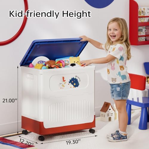 HAIXIN 60QT Storage Bin with Lid and Wheels, White-Blue-Red Toy Chest - Image 2