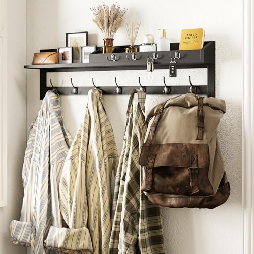AMBIRD 35 inch Wall Hooks with Shelf, Coat Rack Wall Mount, Large Coat Hanger for Wall, Entryway Shelf with 7 Dual Coat Hooks, 4 Key Hooks and Mail Organizer, Wooden Key Holder Rack (Black) - Image 7