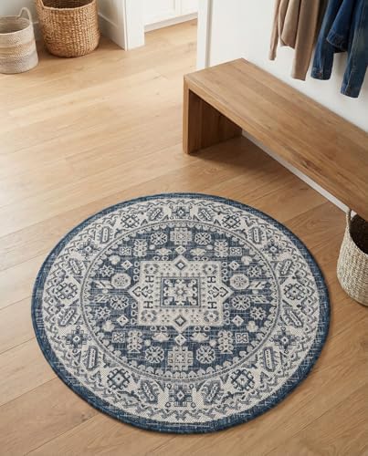 Rugs.com - Outdoor Aztec Rug – 3 Ft Round Blue Indoor/Outdoor Rug – Washable, Stain-Resistant for Patios, Decks, and Porches - Image 4