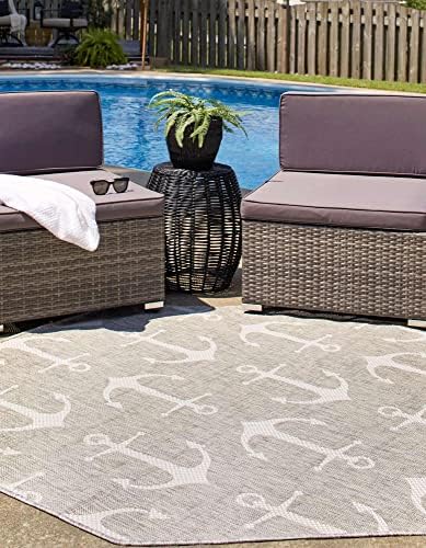 Unique Loom Outdoor Coastal Collection Area Rug - Ahoy (5' 3" Octagon, Gray/ Ivory) - Image 4