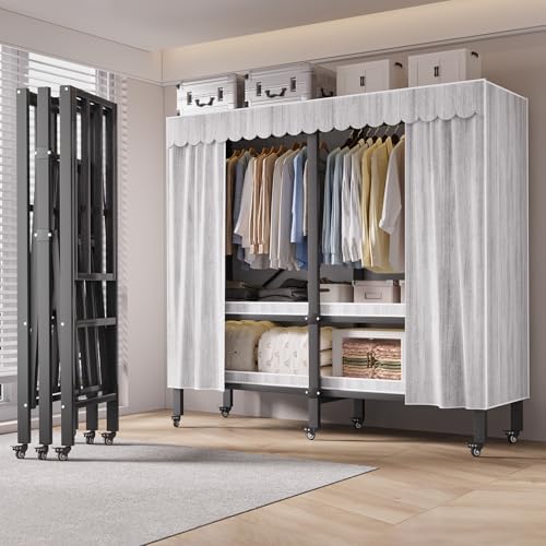 Foldable Clothe Rack with Cover and Wheel Heavy-Duty Portable Closet Wardrobe Freestanding Metal Clothing Rack Armoire Rolling Garment Racks Closet System (Gray Zipper, 59in) by FKKPRVAX