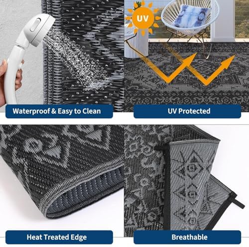 Outdoor Rug 9x12 Reversible Patio Rug Outdoor Plastic Straw Rugs Vintage Medallion Waterproof Outside Carpet for Deck RV Camping Rugs for Patio Backyard Picnic Porch Beach Balcony, Black Grey - Image 4