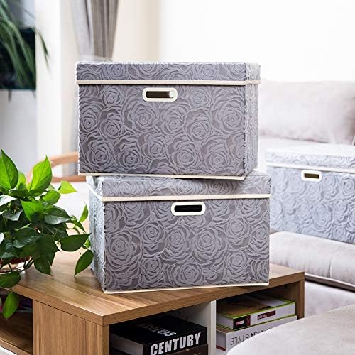 PRANDOM Large Storage Boxes with Lids [5-Pack] Fabric Decorative Storage Bins Cubes Organizer Containers Baskets with Handles for Closet Grey 17.5x11.8x11.8 In For 6+ Year Old Boys and Girls - Image 2