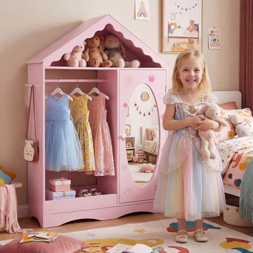 Costzon Kids Dress Up Storage with Mirror, Roofed Wardrobe Closet with Open Hanging Rack, Shelves & Hooks for Children, Kids Armoire & Costume Organizer for Bedroom, Playroom (Pink) - Image 7