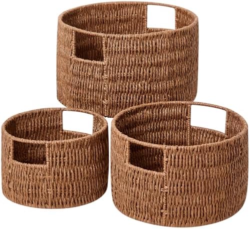 Vagusicc Wicker Storage Basket, Hand-Woven Paper Rope Large Round Woven Basket With Handles, Wicker Baskets for Organizing/Storage, Brown, 3-Pack by Vagusicc