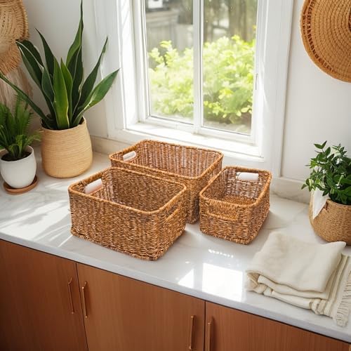 GIB Woven Storage Baskets for Organizing, Plastic Wicker Storage Baskets for Shelves, Waterproof Rectangular Storage Bins Organizers for Closet Pantry Table, Set of 3, Brown - Image 3