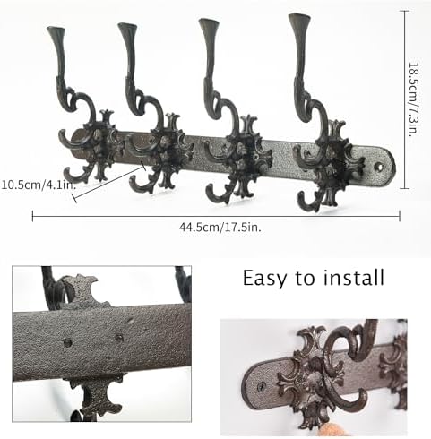 Sungmor Vintage Cast Iron Wall Hook Rack - Ornate 4-Hooks Coat and Hat Organizer - Heavy Duty Decorative Hanger for Entryway, Bathroom, or Mudroom - Retro Court Style & Rustic Bronze Finish - Image 6