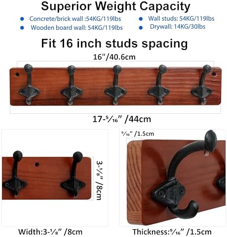 WEBI Rustic Coat Rack Wall Mount,5 Cast Iron Coat Hooks Wall Mounted,Heavy Duty Farmhouse Wood Coat Hanger Wall Antique Vintage Hooks for Hanging Jacket,Clothes,Backpack,Cherry,2 Packs - Image 3
