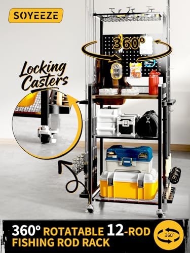 SOYEEZE Fishing Rod Holders for Garage,Fishing Gear Holder for Fishing Rod Tackle Box Storage，Fishing Pole Holders for 12 Rods with Hooks and Pegboard,Fishing Cart with Reel Rack, Standard Size - Image 2