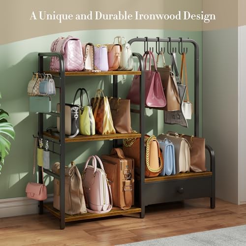 Purse Organizer for Closet, with Bottom Drawer, Extra Large Capacity 3 Tier Handbag Storage Rack for Women, 10 Purse Hanger and Hooks for Bag Organizer, Floor-Standing, Home, Living Room (Black) - Image 6