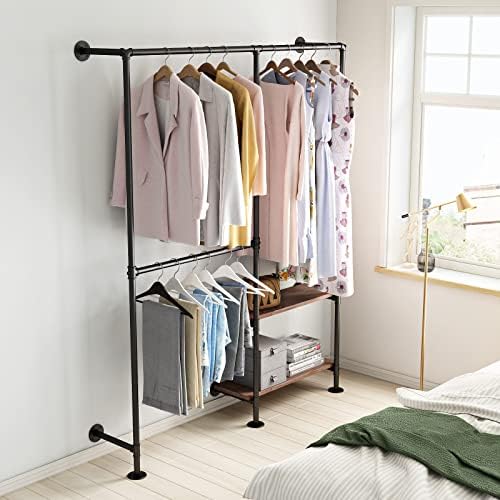 Industrial Pipe Clothes Racks with Black Shelves, Industrial Pipe Black Clothing Rack with Double Hanging Rods, Heavy Duty Wall Mounted Clothing Rack Rod for Closet Storage, Bedroom - Image 3