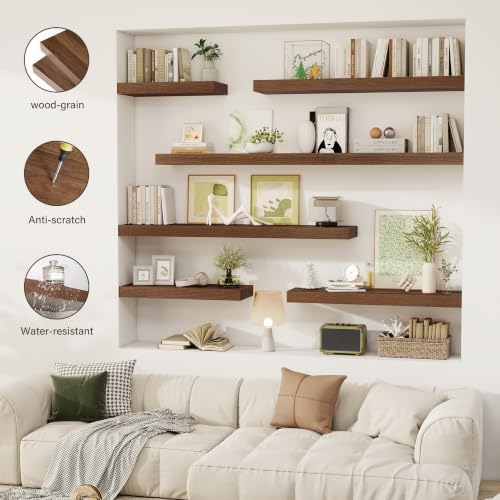 Acovy 72 Inch Floating Shelves, 12" Deep Floating Shelf Wall Mounted, 72" Wall Shelves, Rustic Deep Bookshelf, Extra Deeper & Thicker Display Shelves for Bedroom, Living Room, Set of 2 - Image 7