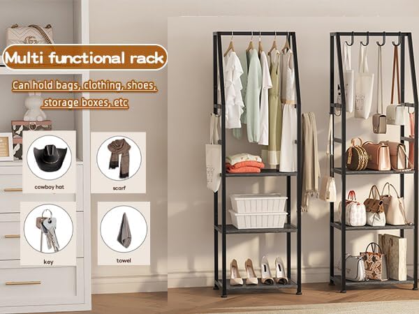 3-Tier Purse Stand Handbag Organizer, Tall Narrow Entryway Closet Bag Organizer, Wood Iron Storage Shelf, 4-in-1, with 8 Removable Hooks(Black) - Image 5