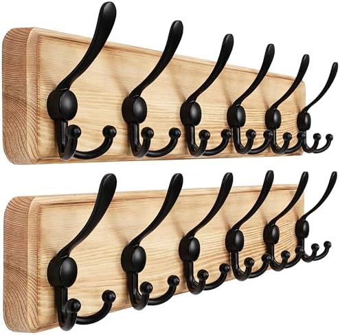 Dseap Coat Rack Wall Mounted - 24" Long 6 Tri Hooks, Heavy Duty Wooden Wall Coat Hanger Coat Hook for Clothes Hat Jacket Clothing, Weathered Light Natural and Black, Pack of 2 by Dseap