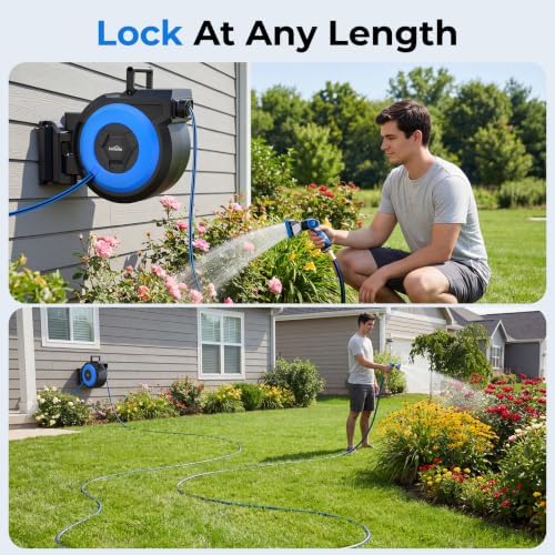 Retractable Garden Hose Reel, 1/2" x 131FT Heavy Duty Automatic Retractable Hose Reel Wall Mount, with 10- Function Sprayer Nozzle, Any Length Lock/Auto Rewind/180°Swivel - Image 3
