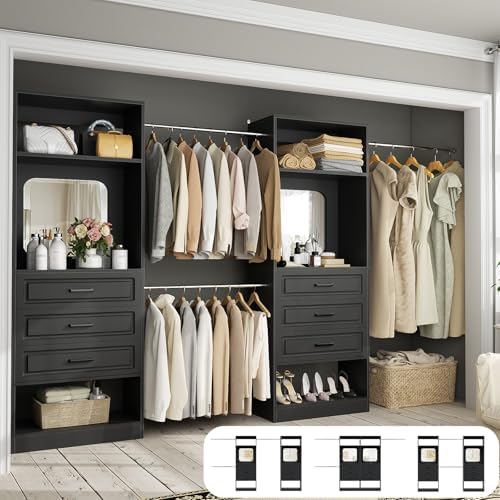 Unikito 6-14FT Wood Closet System with 6 Drawers and Mirror, Black - Image 2